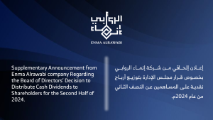 إعلان إلحاقي من إنماء الروابي بخصوص قرار مجلس الإدارة بتوزيع أرباح نقدية عن النصف الثاني 2024